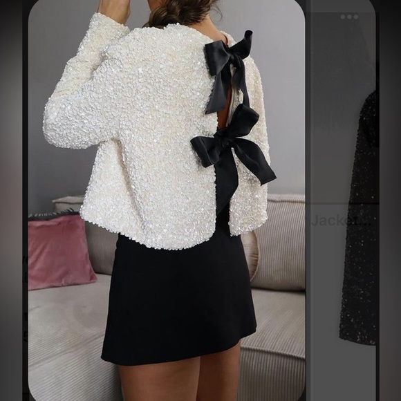 H&M viral bloggers fav white sequin black bow ribbon tie front cardigan / blouse - Picture 6 of 13